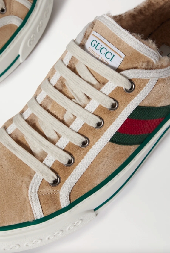 【名牌布鞋】GUCCI Tennis 1977 logo-embroidered shearling-lined suede and canvas sneakers HK$6,500