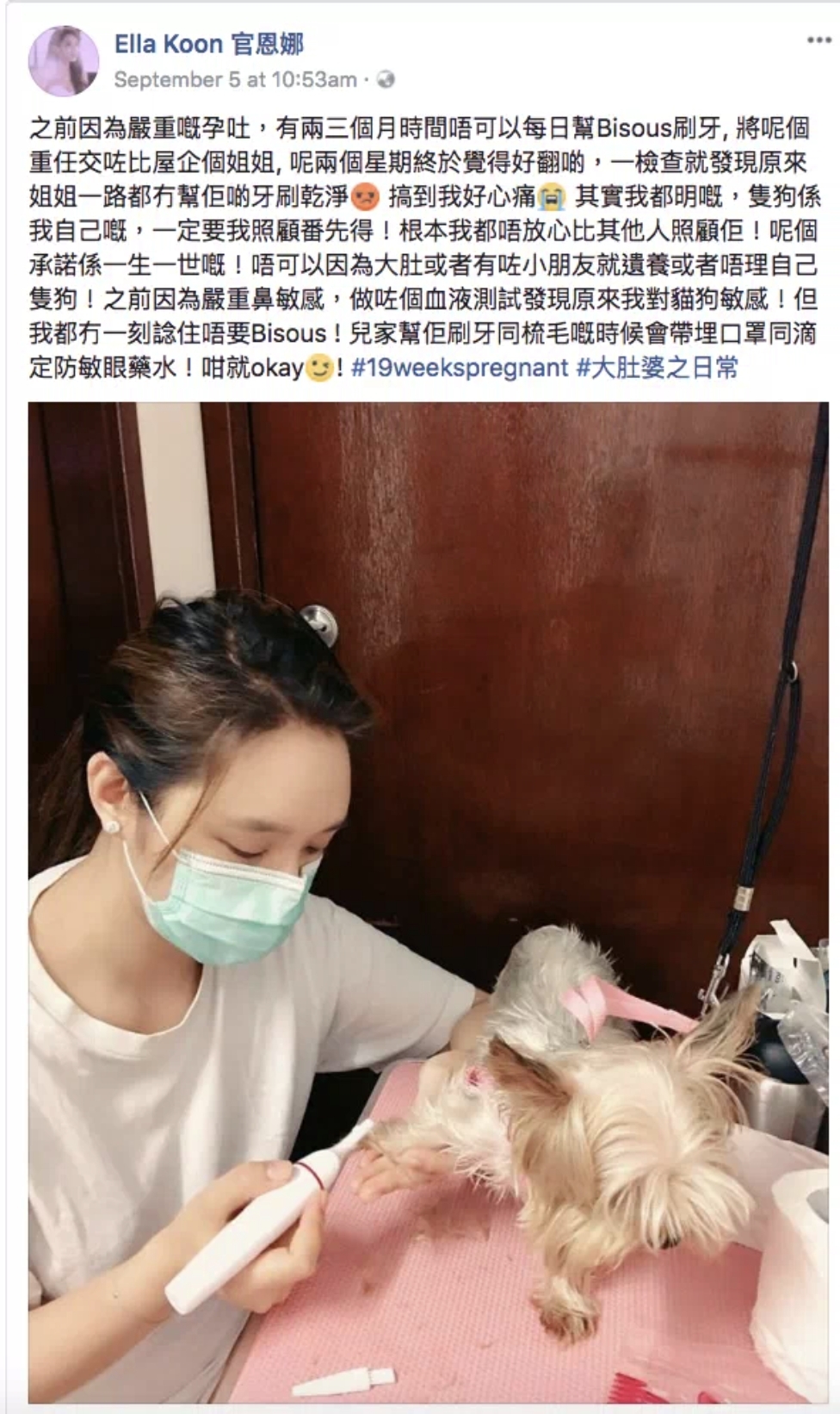 官恩娜曾在Facebook 表示自己懷孕時就有嚴重孕吐,所以當時有兩三個月不可以替自己的愛犬刷牙