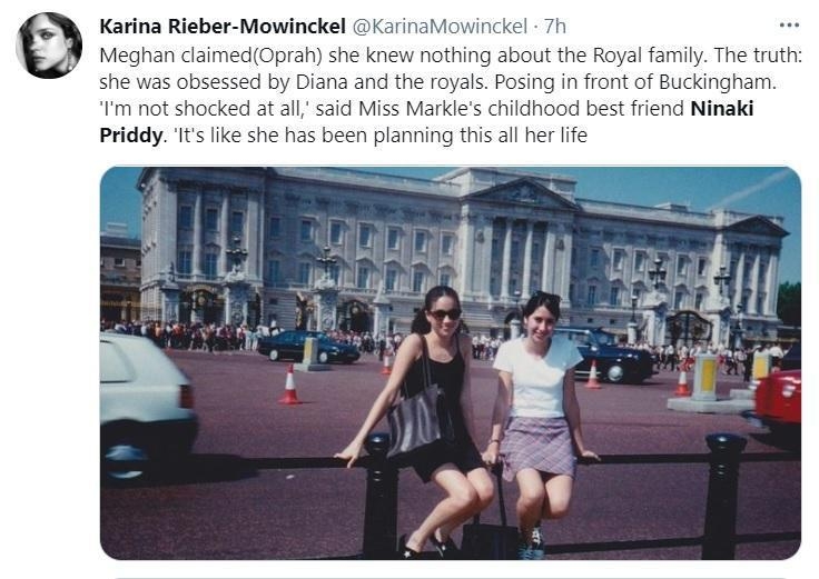 雖然梅根在訪問中聲稱自己是「天真地進入王室」,也從未對哈利的王子身份感到好奇,不過很快就被兒時閨蜜 Ninaki Priddy 打臉,並指她從小就對王室十分著迷,更立志成為戴安娜王妃2.0!