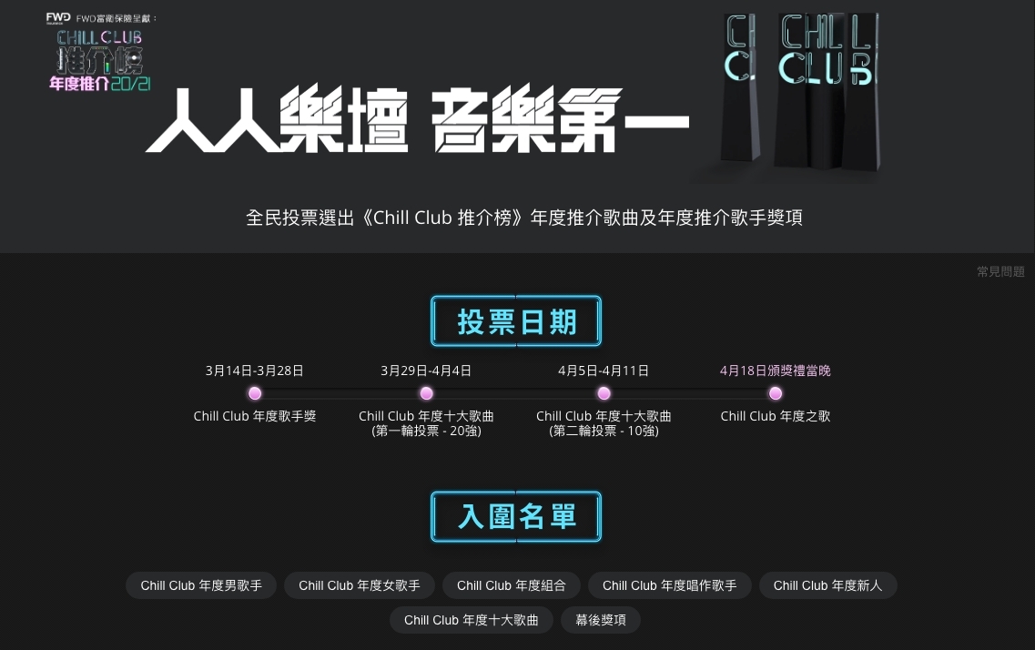 【ViuTV Chill Club頒獎禮入圍名單】21歲姜濤同劉德華黎明爭「年度男歌手」
