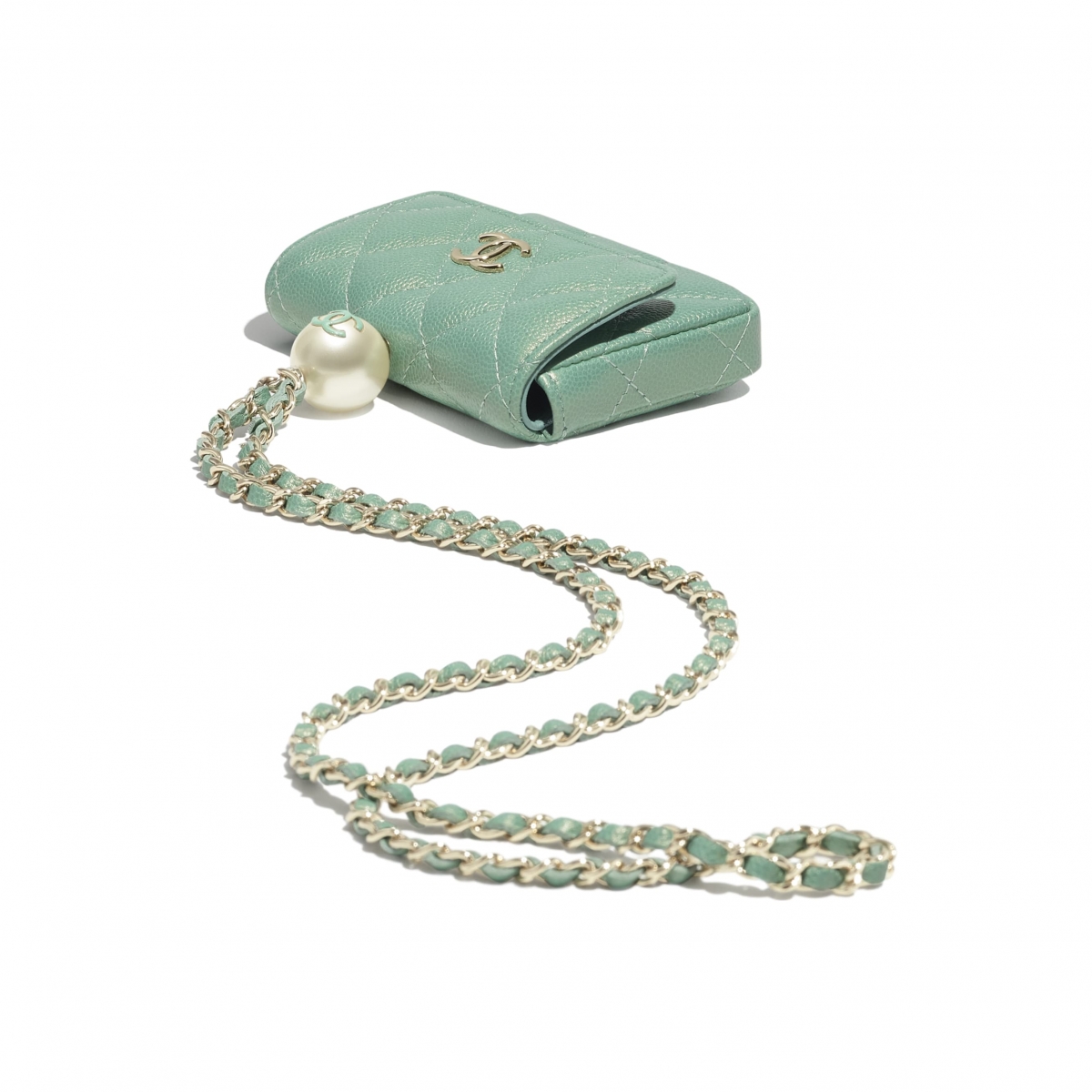 【Chanel手袋2021】銀包WOC小皮具/HK$15,000/山茶花薄荷綠珍珠鏈條零錢包必買