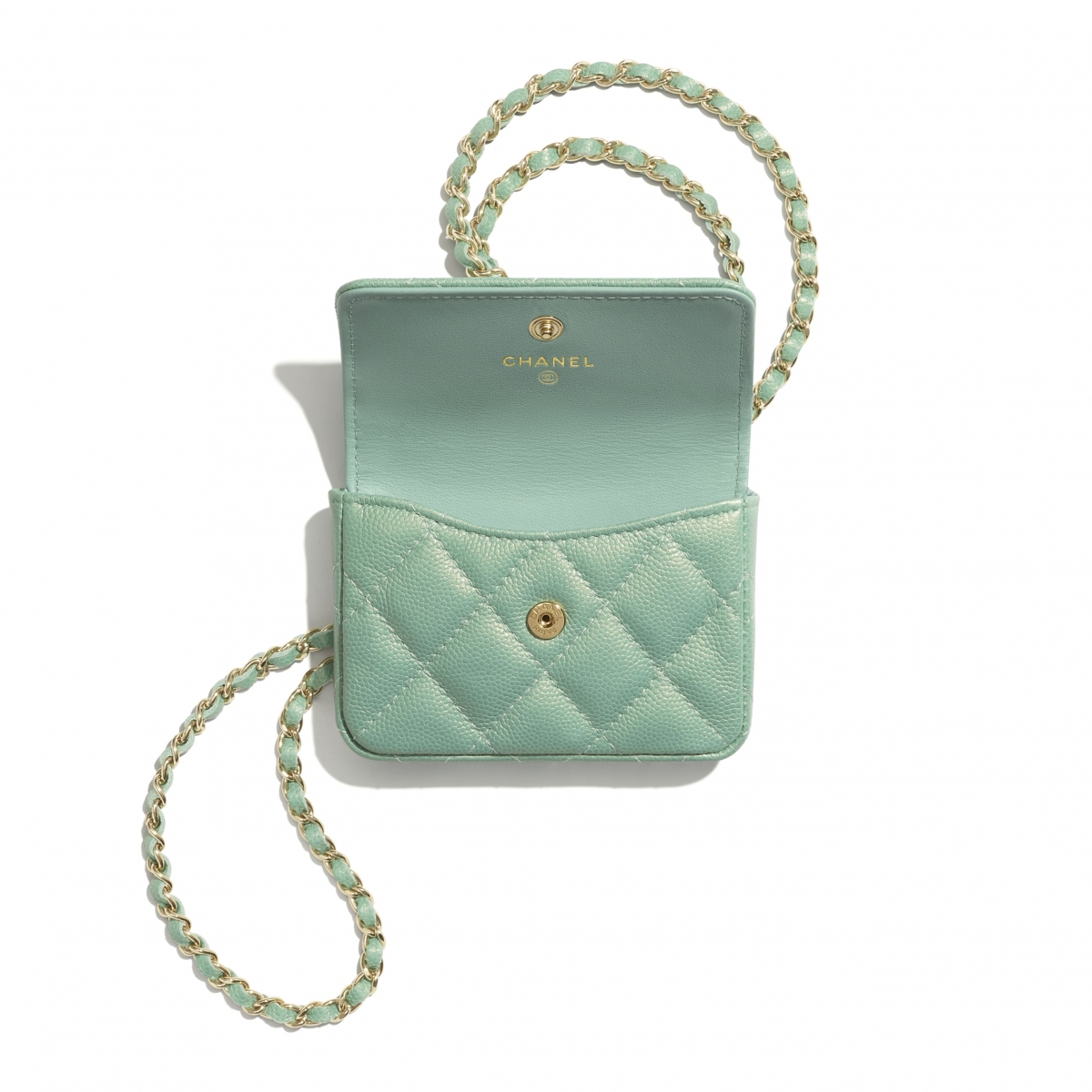 【Chanel手袋2021】銀包WOC小皮具/HK$15,000/山茶花薄荷綠珍珠鏈條零錢包必買