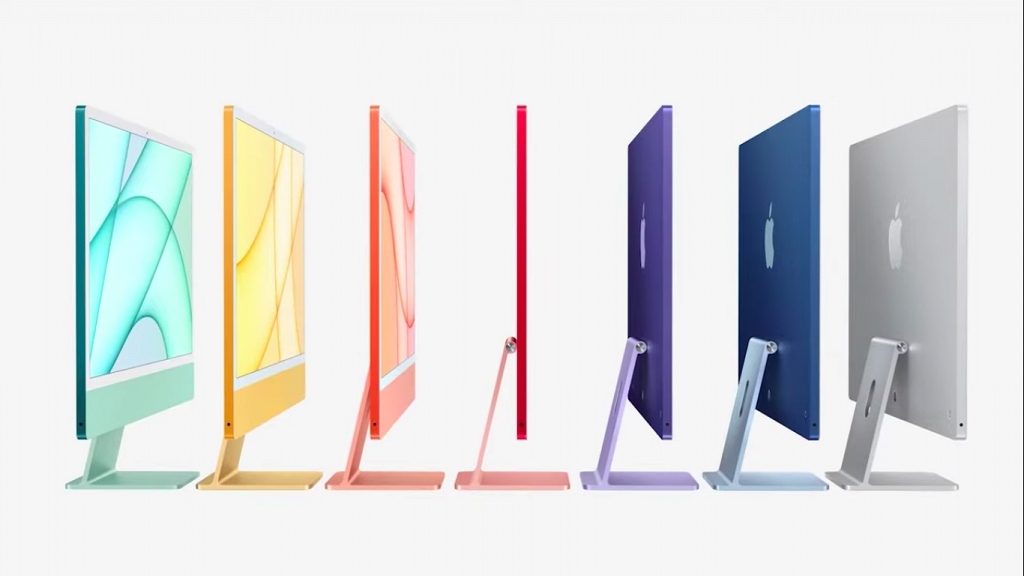 Apple蘋果新品發佈會2021|全新iMac也帶來無限驚喜,這次推出了7種超粉嫩的色調,包括帶紅、橙、黃、綠、藍、紫以及銀色