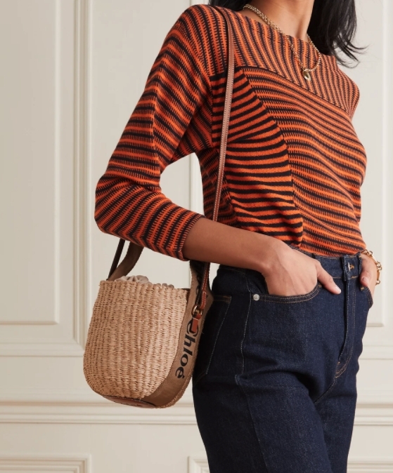 【名牌手袋2021/藤編手袋】CHLOÉ Woody small leather-trimmed striped raffia tote