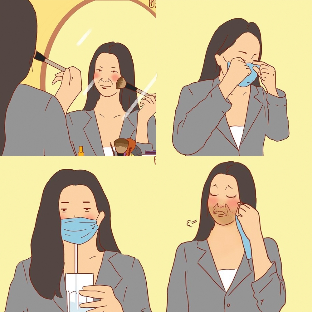 插畫家也刻劃了疫情下女生有共鳴的麻煩事！帶著口罩時遮半臉也必須化妝保持形象。