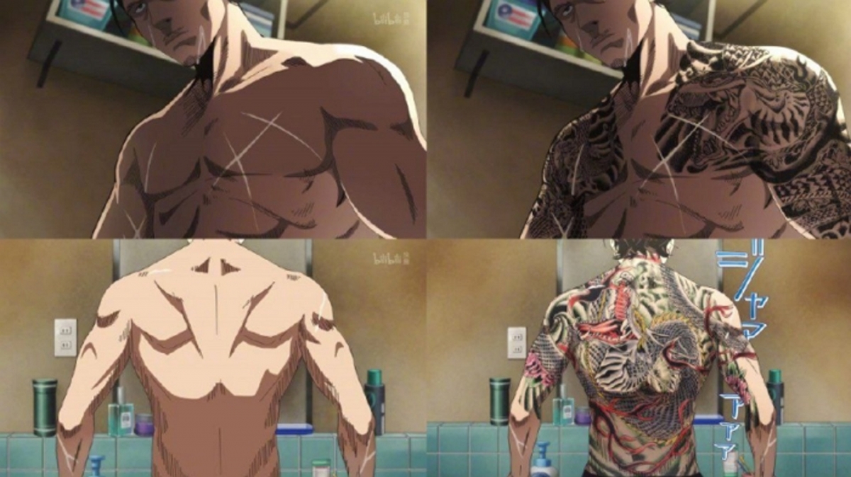 中國大陸的極道主夫在一些敏感的畫面就會被「河蟹」紋身被去除