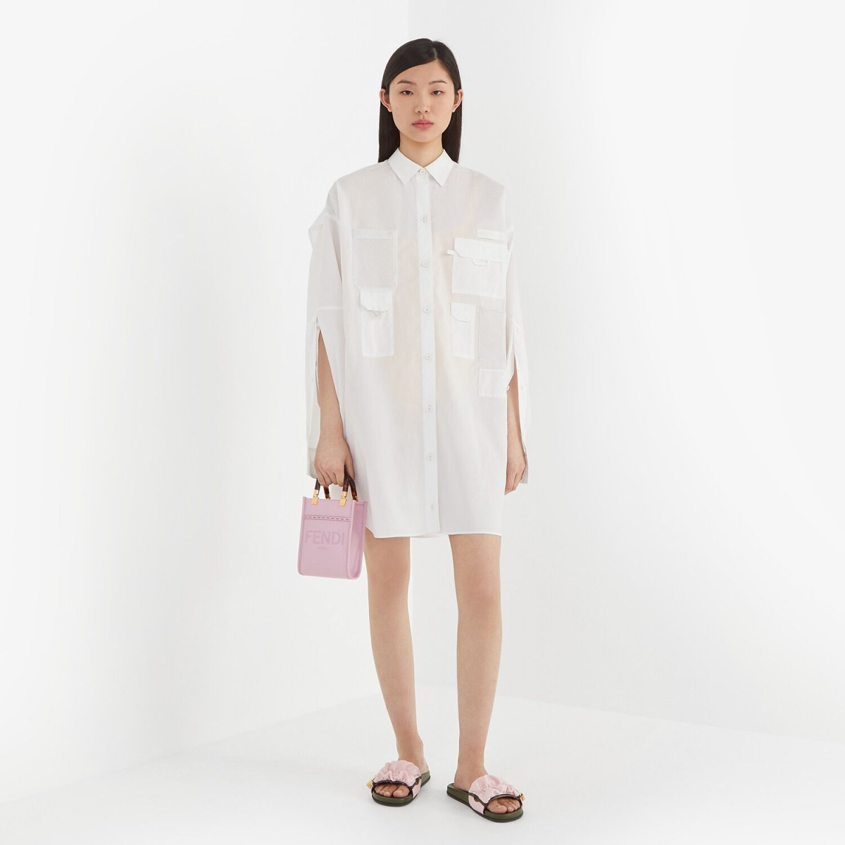 【名牌手袋2021】Fendi迷你sunshine手提袋tote bag價錢實用/粉色/棕色皮革/編織稻草