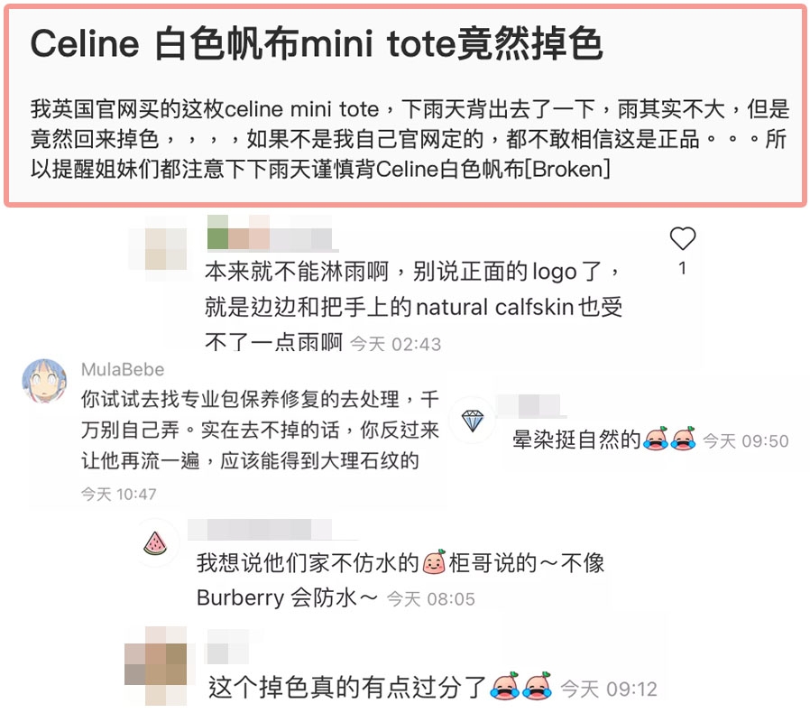 CELINE CABAS帆布袋落雨甩色？