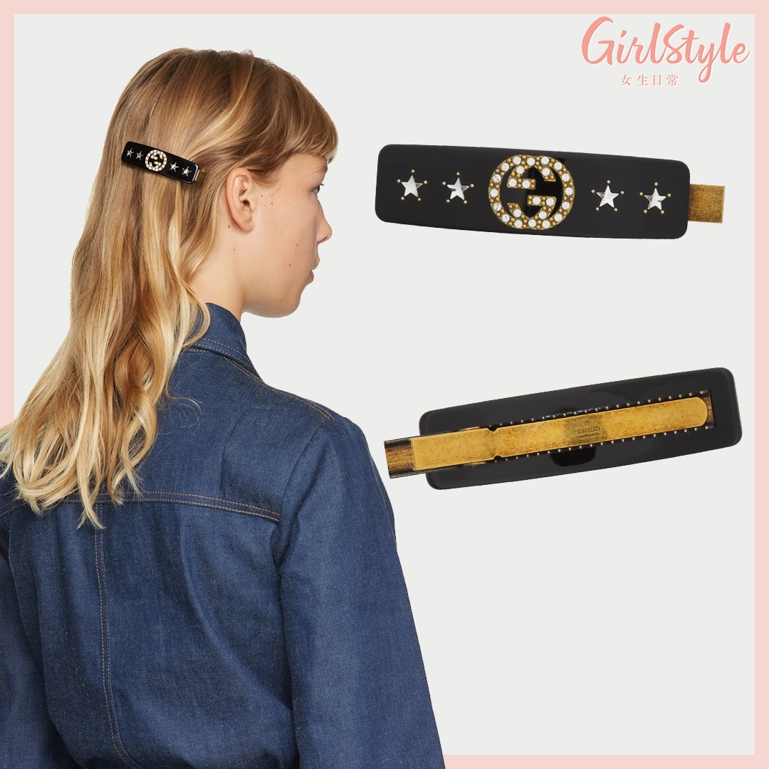 【名牌飾品2021】GUCCI Black Crystal Interlocking G Hair Slide