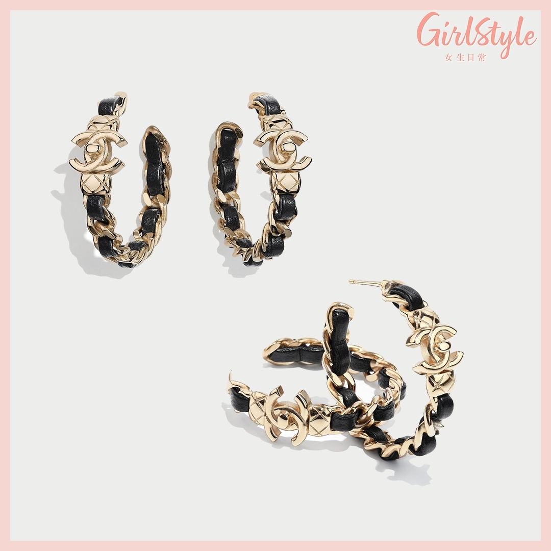 【名牌飾品2021】Chanel 綴小羊皮革金屬鏈飾耳環