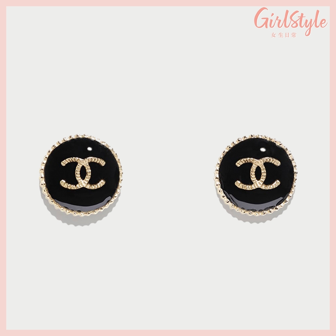 Chanel 黑色圓形金屬耳環