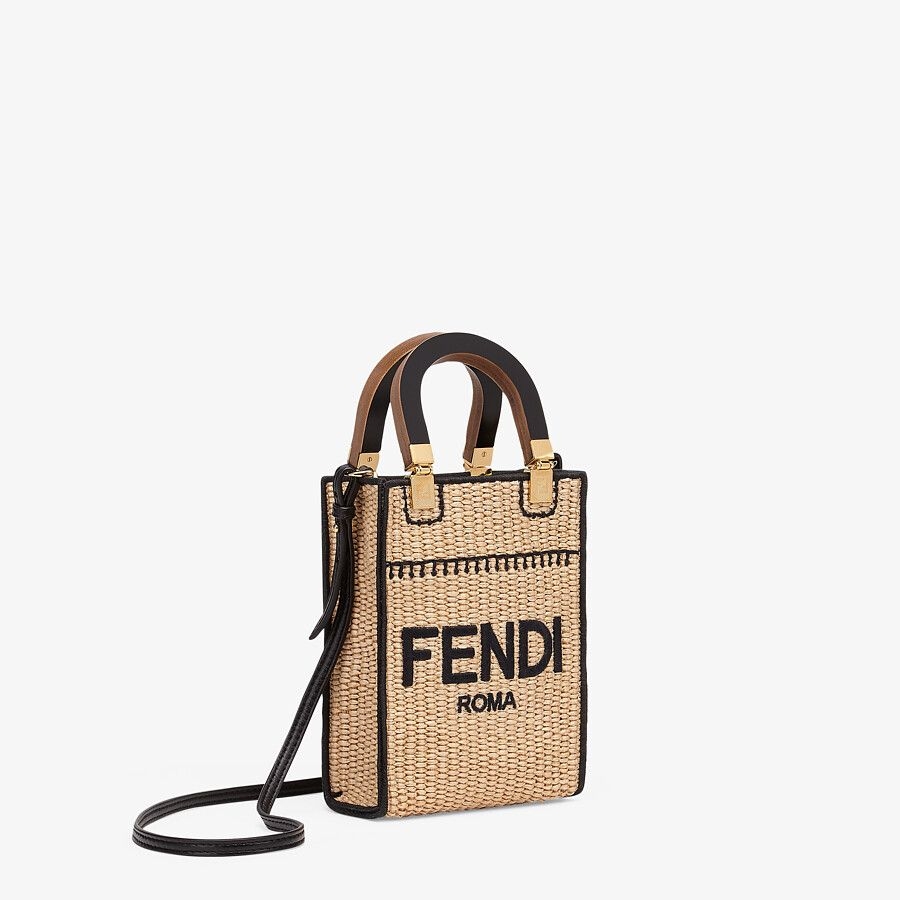 【名牌手袋2021】Fendi迷你sunshine手提袋tote bag價錢實用/粉色/棕色皮革/編織稻草