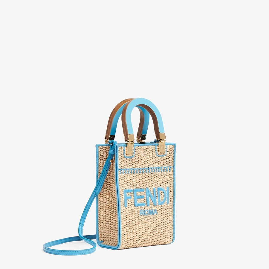 【名牌手袋2021】Fendi迷你sunshine手提袋tote bag價錢實用/粉色/棕色皮革/編織稻草