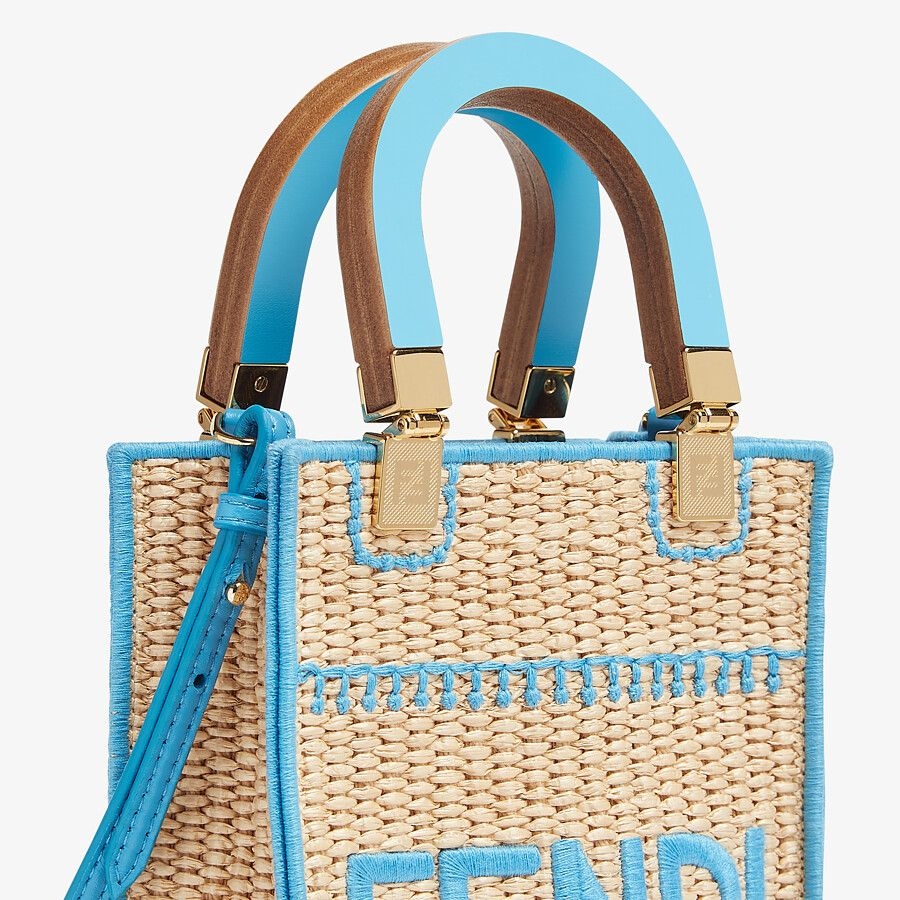 【名牌手袋2021】Fendi迷你sunshine手提袋tote bag價錢實用/粉色/棕色皮革/編織稻草