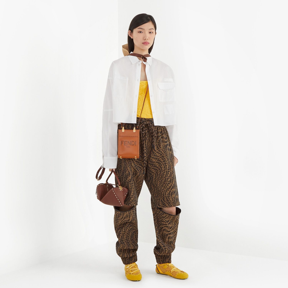 【名牌手袋2021】Fendi迷你sunshine手提袋tote bag價錢實用/粉色/棕色皮革/編織稻草