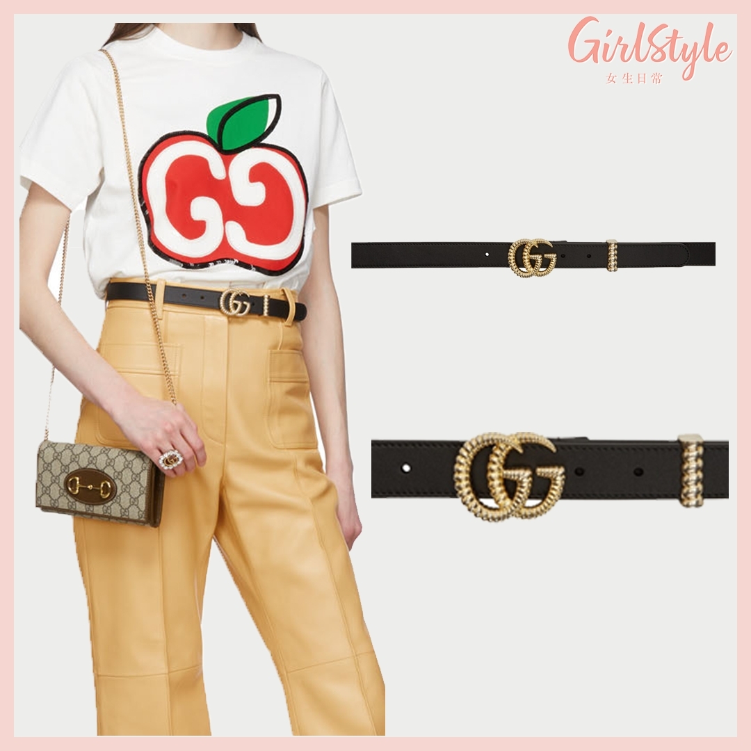 【名牌飾品2021】GUCCI Black Leather Small Torchon GG Belt