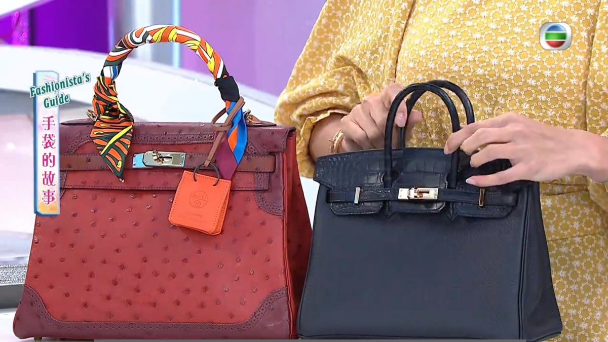 傅嘉莉分享的兩款Hermès手袋為罕有款式的Kelly Ghillies及Birkin,一個是鴕鳥皮;另一個則是togo拼鱷魚皮