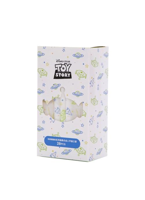 至於Toy Story的款式就用了人氣角色三眼仔作主題,共有兩款不同顏色的口罩可選!一款白底印上Pizza星球和三眼仔圖案十分可愛