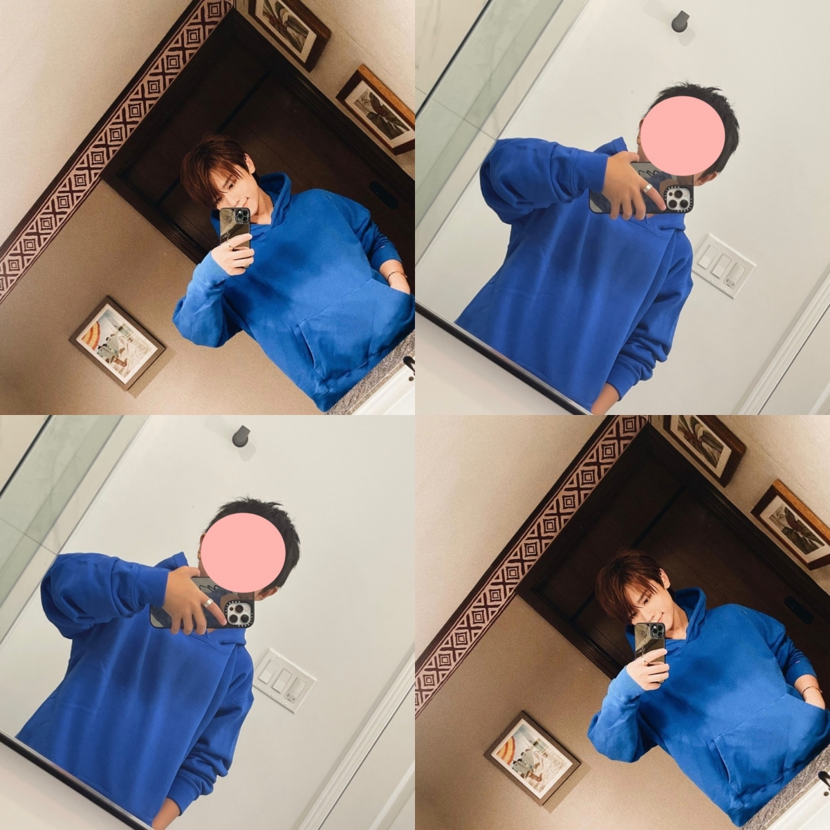 第三套衣服就是姜濤的藍色衛衣,鏡仔還模仿他對鏡自拍的姿勢,食指的戒指依舊戴著