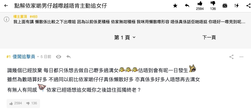 在連登討論區有樓主以「點解依家啲男仔越嚟越唔肯主動追女仔」為題掀熱議,樓主表示現時男生都愛做自己的事多於媾女