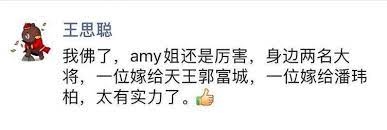 加上內地富二代王思聰當時更發了一則宣言：「我服了，還是Amy姐厲害，身邊兩名大將，一位嫁給了郭富城，一位嫁給了潘瑋柏。」