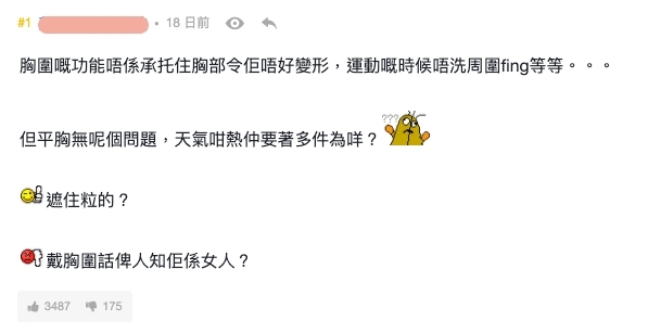 樓主以「點解平胸嘅女人要戴胸圍?」發帖文,胸罩功能只是承托胸部?