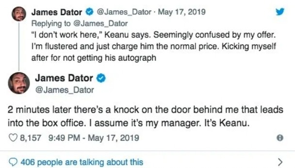 早年網民 James Dator 就分享了自己於 16 歲時偶遇奇洛李維斯的經歷,他指自己當時在悉尼一家戲院打工,正好遇到奇洛李維斯到場買戲飛。
