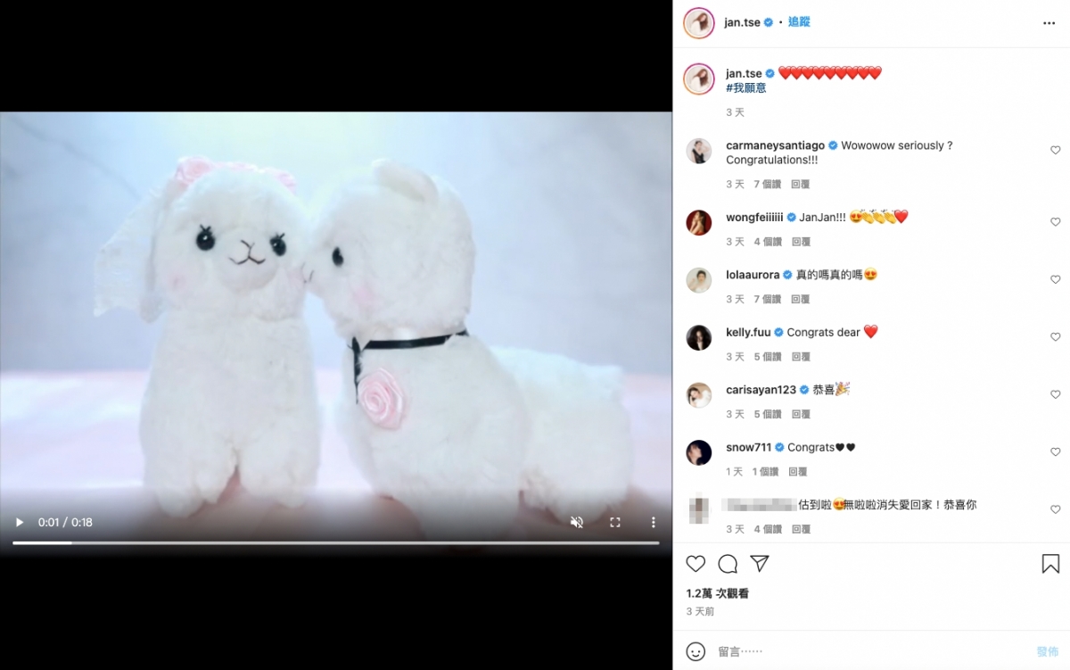 日前謝芷倫卻突然在IG分享一段短片,拍着一對結婚的羊駝公仔~