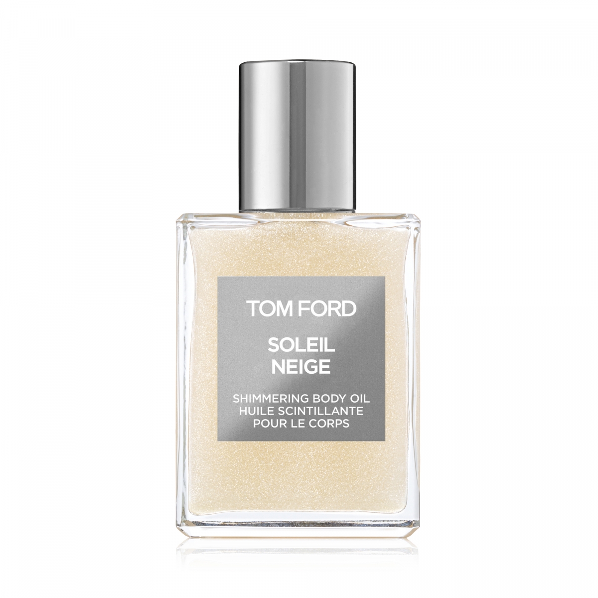 TOM FORD BEAUTY Soleil Neige Shimmering Body Oil滋潤肌膚同時帶來充滿陽光花香的私人調香香氣,配上香檳銀色珍珠閃粉。