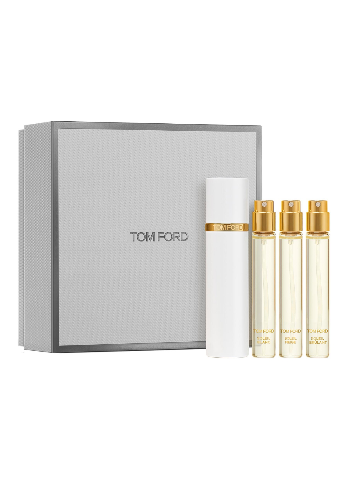 TOM FORD BEAUTY Private Blend Soleil Atomizer Set包括Soleil Blanc、Soleil Neige、Soleil Brûlant及Fragrance Atomizer。