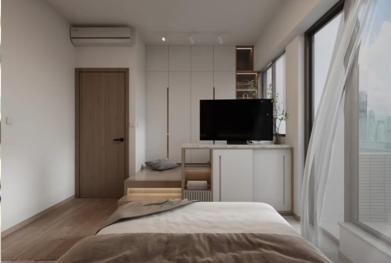 睡床的位置與衣帽間之間用了電視櫃作分隔