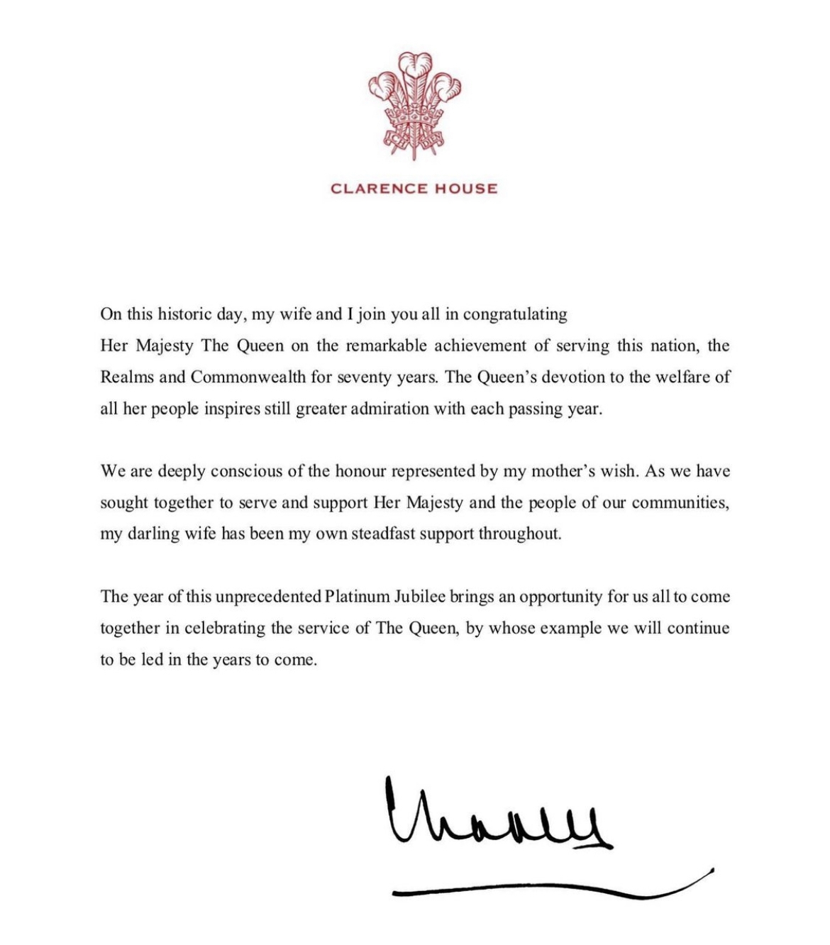 查理斯亦發表聲明,祝賀母后登基70周年~