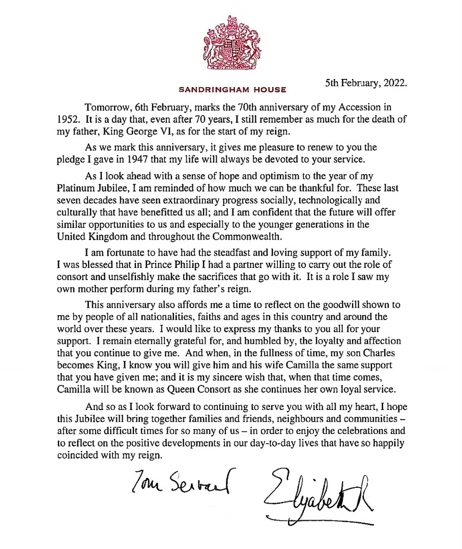 英女王發表的公開信~