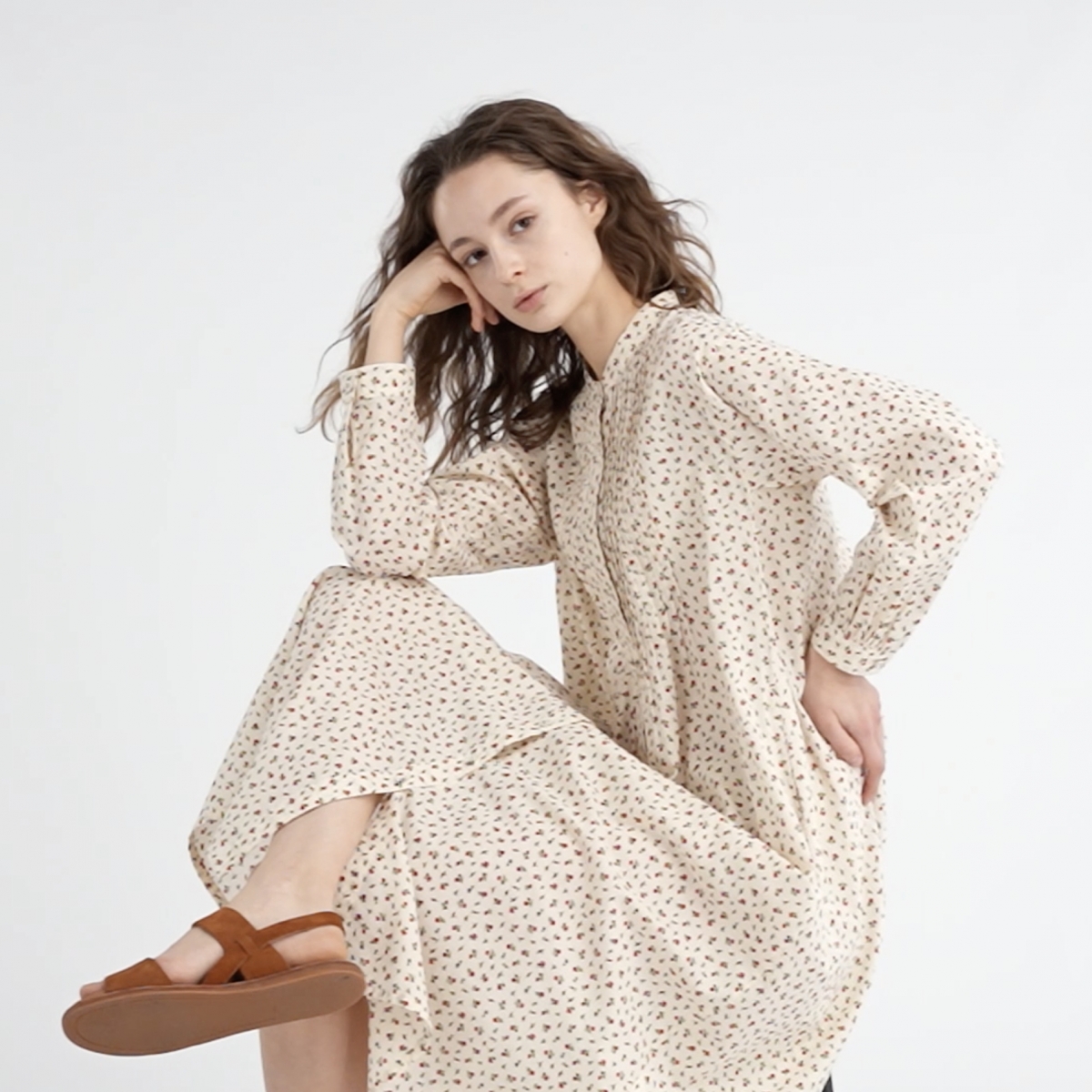 INES DE LA FRESSANGE棉質打褶連身裙[7分袖] （淺膚色）$399