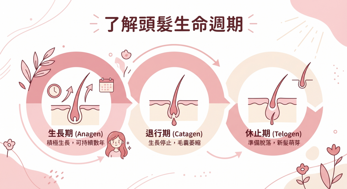 在探討方法前，我們要先了解頭髮的生長邏輯。每根頭髮都有自己的生命週期，主要分為三個階段。