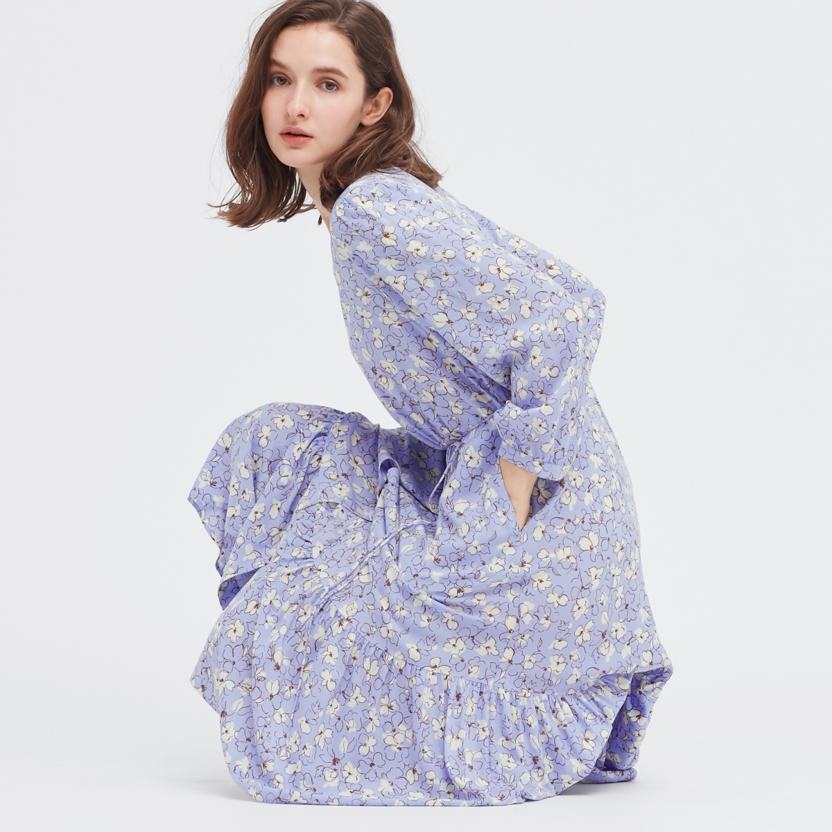 V領寬襬連身裙[7分袖]（紫色）$149