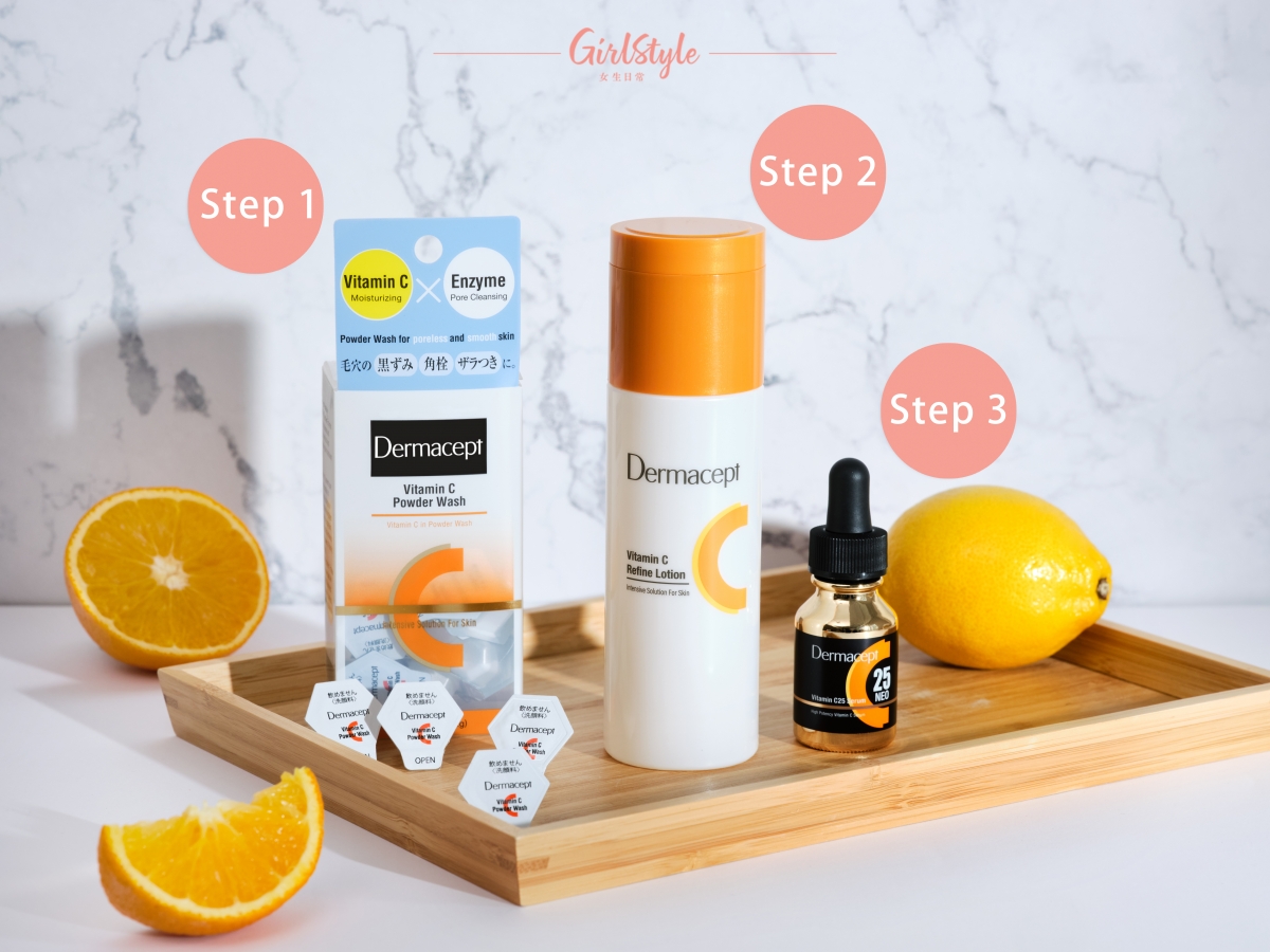 美編力推「純維C Recipe」,包括:Dermacept維他命C酵素洗顏粉、「添加純維他命Cの化妝水」及純維C精華3步曲。