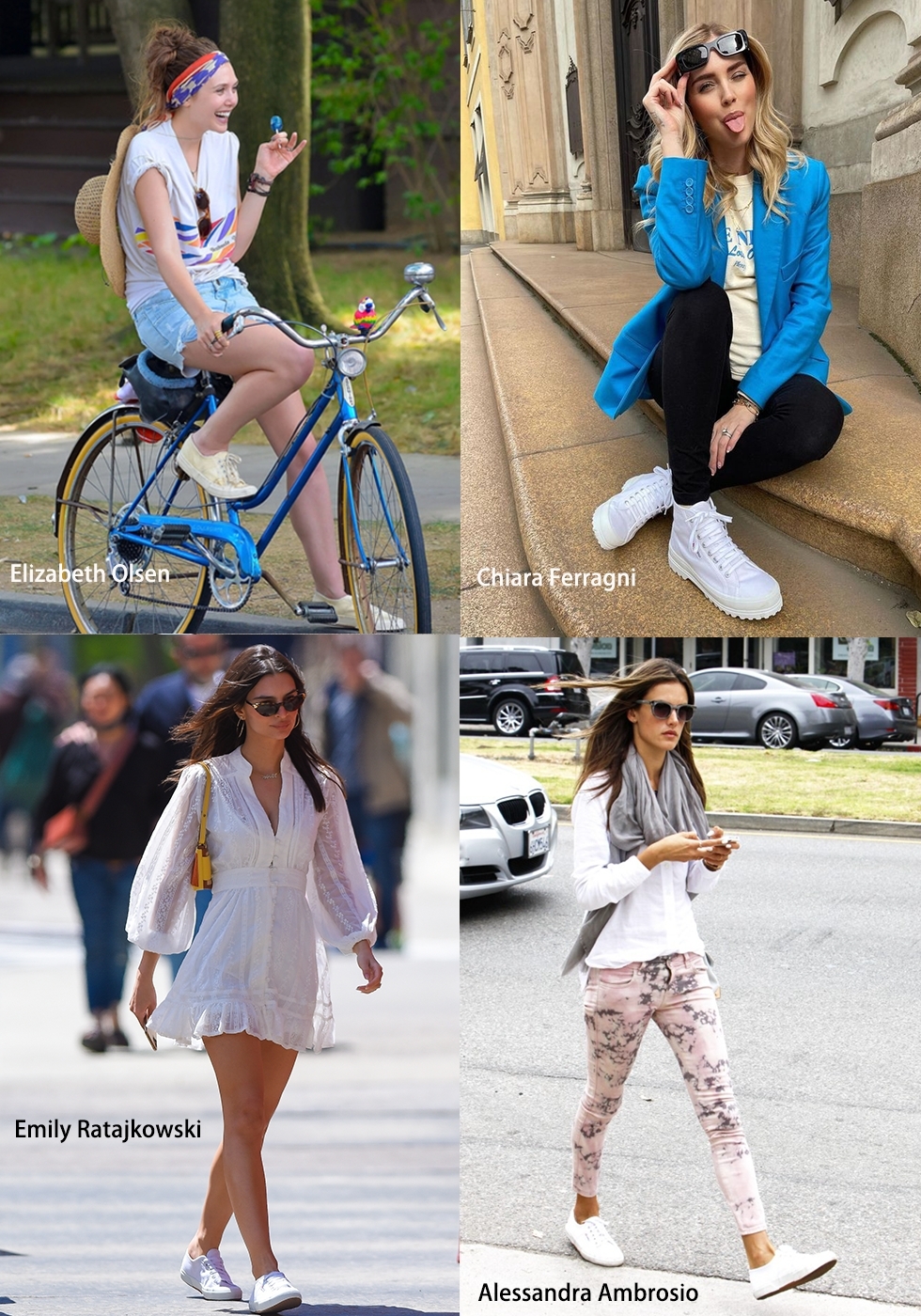 火辣名模Emily Ratajkowski、宇宙博主Chiara Ferragni同樣愛以SUPERGA®配搭日常休閒造型～（Elizabeth Olsen Photo by：TW Appledaily｜Chiara Ferragni Photo by：SUPERGA® ｜Emily Ratajkowski Photo by：Getty Images｜Alessandra Ambrosio Photo by：Beautimode）