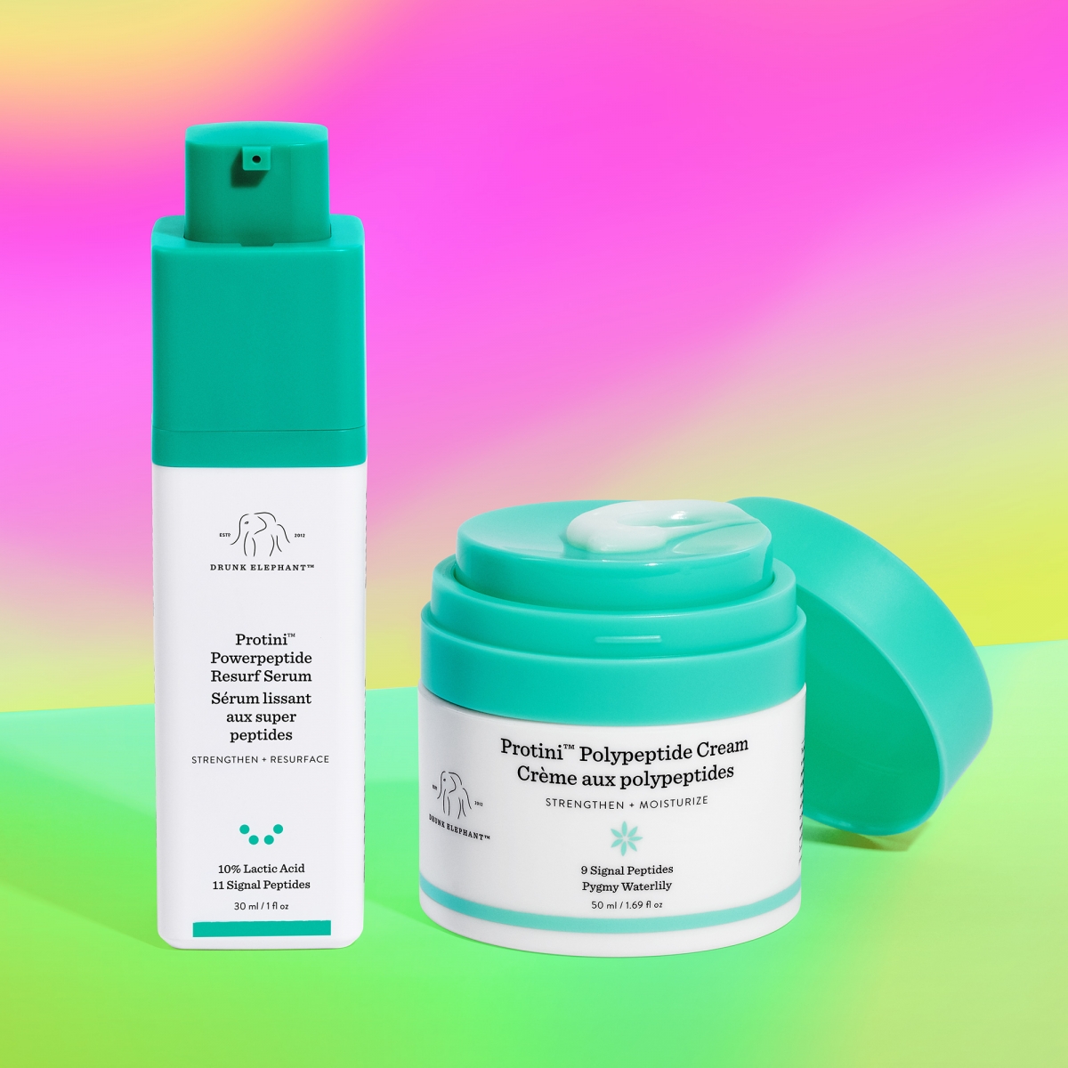 Protini™強胜肽重塑精華（左）HK$645（30ml）與 Protini™多肽面霜（右）HK$535（50ml）