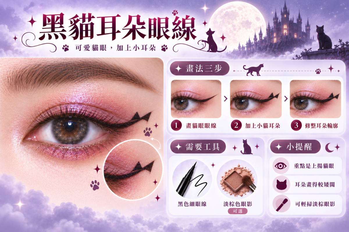 黑貓耳朵眼線教學圖解,示範細長上揚貓眼線、兩個小三角形貓耳朵及輪廓修飾技巧。