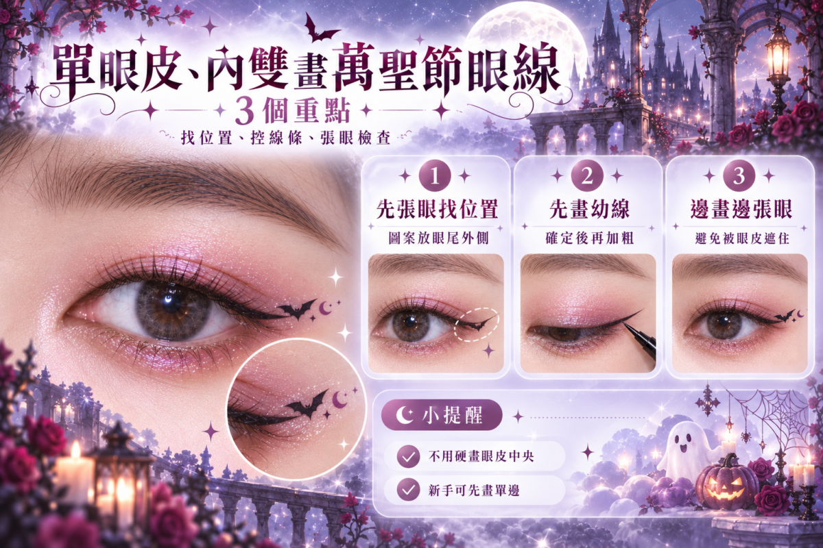 單眼皮及內雙萬聖節眼線技巧圖解,整理張眼找位置、先畫幼線及邊畫邊檢查的重點。
