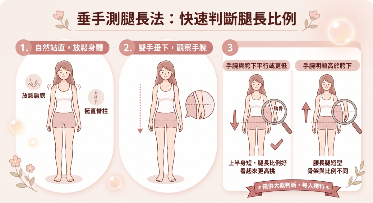 如果手腕位置明顯高於胯下，就代表可能屬於「腰長腿短型」身材。