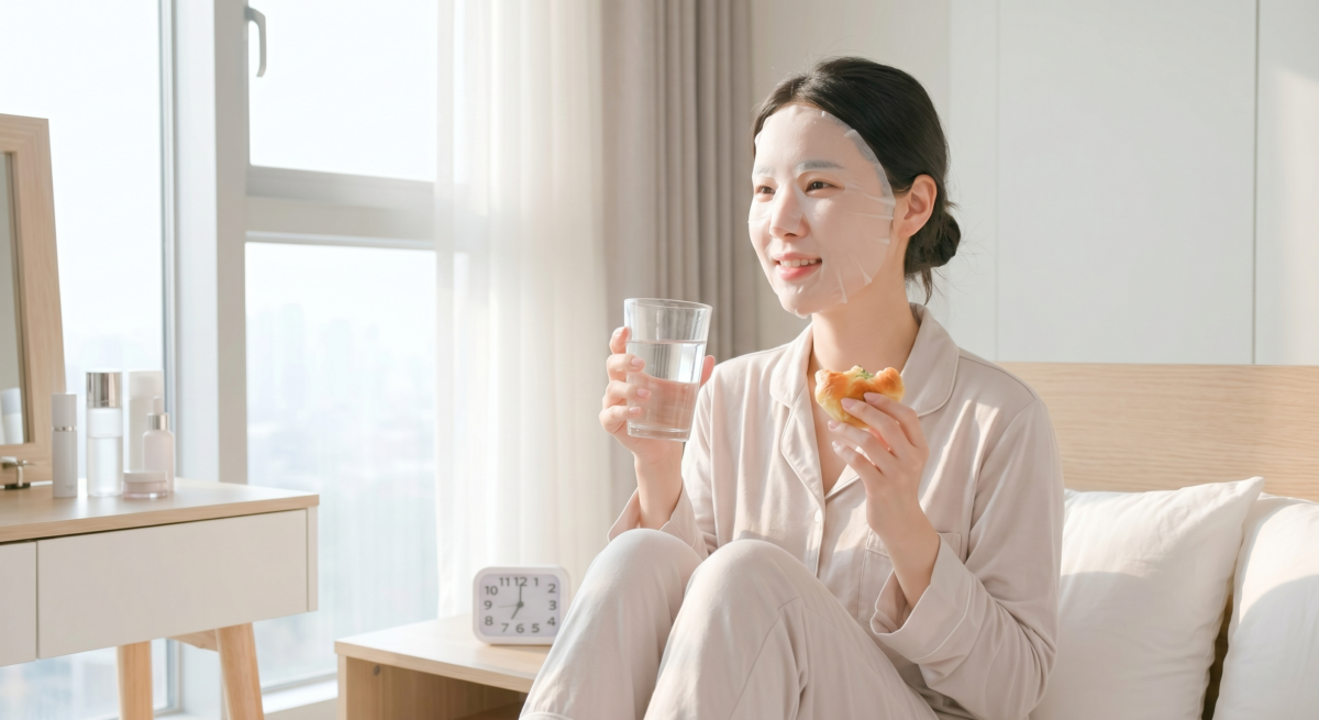 早上或化妝前可以敷保濕、舒緩、清爽型面膜，約 5 至 10 分鐘即可；敷後整理多餘精華，再塗乳液、防曬，待不黏後上妝。