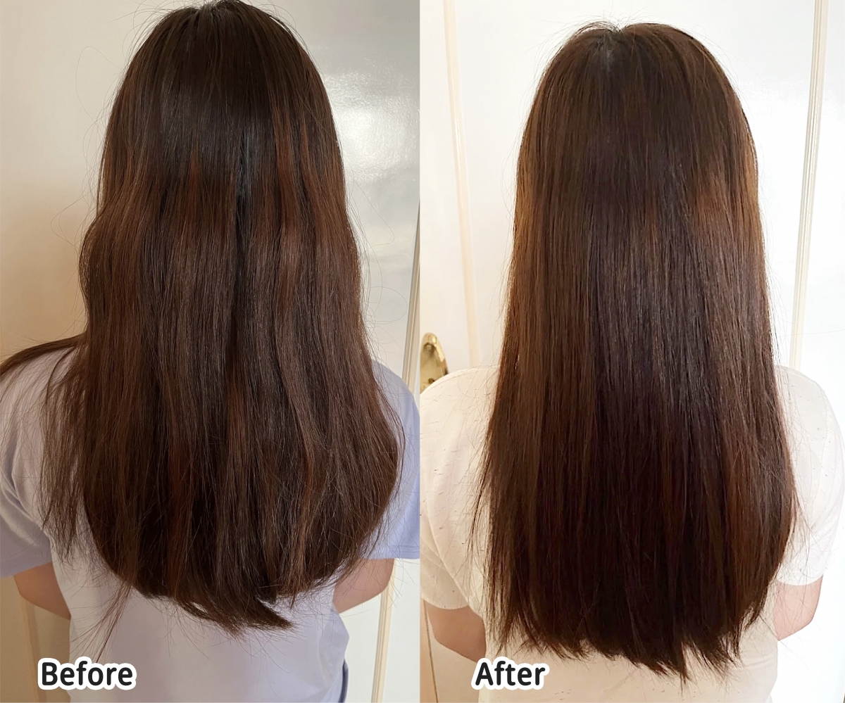 常捲髮的Nikaly令髮質受損和蓬鬆，使用酸熱護理重塑髮膜後秒回復夢想中的柔順長髮～