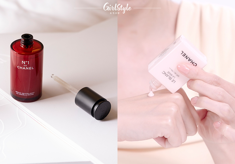 上妝前使用CHANEL一號紅山茶花精華及LE BLANC珍珠光采防曬妝前乳,打造更貼服底妝。