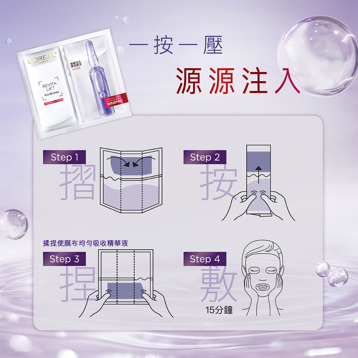 每盒L'OREAL PARiS新升級玻色因PRO^鮮注面膜都印有使用方法,一目了然!