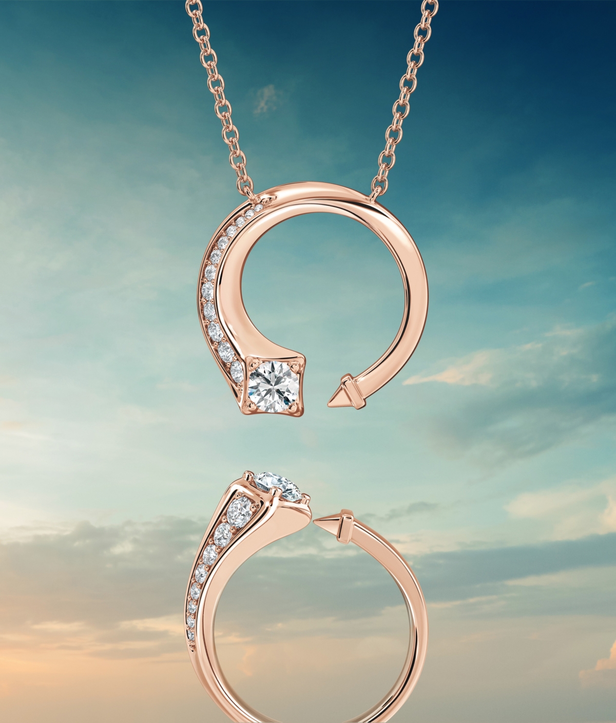 (上至下）Forevermark Avaanti 18K 玫瑰金密鑲美鑽系列頸鍊（迷你版） HK$10,700 起、戒指 HK$9,300 起