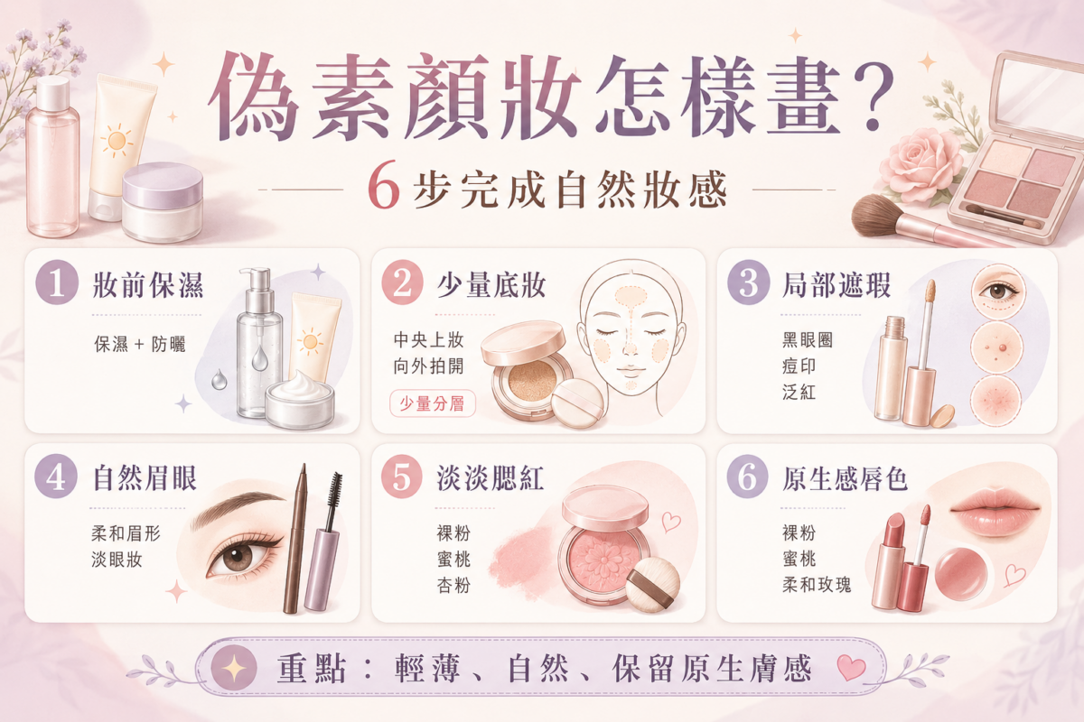偽素顏妝6大步驟圖解:整理妝前保濕、少量底妝、局部遮瑕、自然眉眼、自然腮紅及原生唇色等完整上妝順序與重點對照圖。