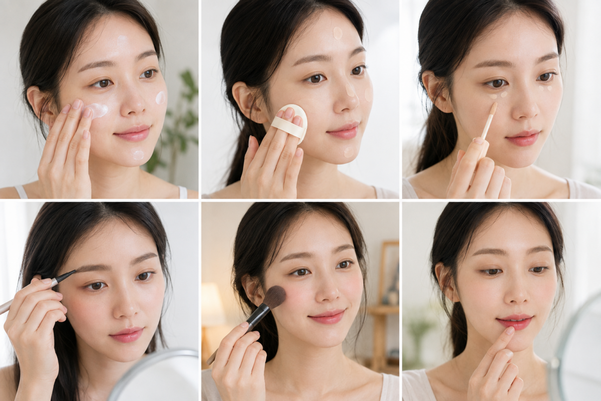 偽素顏妝可用妝前保濕、輕薄底妝、局部遮瑕、自然眉眼及柔和唇頰色6步打造清透自然妝感。