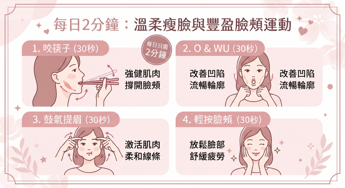 四個簡單而有效的動作，幫助你輕鬆擺脫臉頰凹陷，讓臉型變得更漂亮。